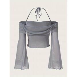 Solid Flared Sleeve Blouse, Casual Halter Neck Ruched Blouse, Women's Clothing