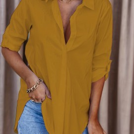 Solid Button Down Shirt, Casual Roll Up Sleeve Curved Hem Shirt, Women's Clothing