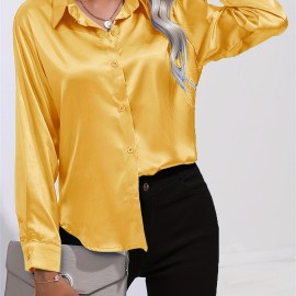 Solid Smoothly Shirt, Elegant Button Front Turn Down Collar Long Sleeve Shirt, Women's Clothing