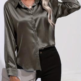 Solid Smoothly Shirt, Elegant Button Front Turn Down Collar Long Sleeve Shirt, Women's Clothing