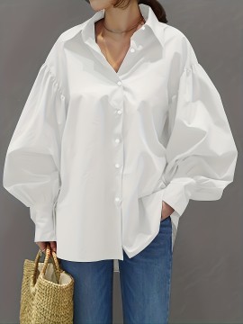 Solid Button Front Shirt, Stylish Lantern Sleeve Shirt For Spring & Fall, Women's Clothing