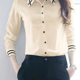 Contrast Trim  Button Front Shirt, Casual Long Sleeve Shirt For Spring & Fall, Women's Clothing