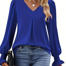 Solid V Neck Simple Blouse, Elegant Long Sleeve Ruched Blouse, Women's Clothing
