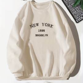 New York Brooklyn Print Loose Sweatshirt, Casual Long Sleeve Crew Neck Sweatshirt, Women's Clothing