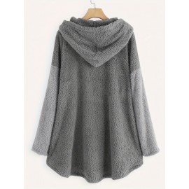 Letter Print Fleece Loose Hoodie, Casual Button Long Sleeve Warm Sweatshirt, Women's Clothing