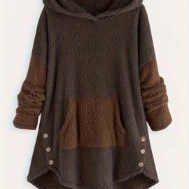 Color Block Kangaroo Pocket Hoodie, Long Sleeve Thermal Hoodies Sweatshirt, Women's Clothing