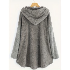 Letter Print Button Decor Teddy Hoodie, Casual Long Sleeve Hoodie Sweatshirt, Women's Clothing