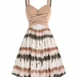 Tie Dye Print Fake Button Dress, Casual Sleeveless Backless For Summer, Women's Clothing