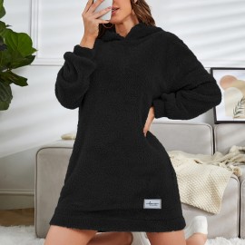 Hooded Teddy Dress, Casual Long Sleeve Simple Warm Dress, Women's Clothing