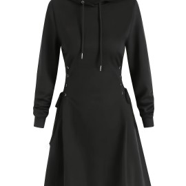 Drawstring Hooded Dress, Casual Long Sleeve Solid Dress, Women's Clothing