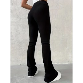Solid Ribbed Flare Leg Pants, High Waist Slim Elastic Pants, Women's Clothing