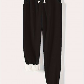 Solid Drawstring Thermal Sweatpants, Versatile Loose Comfy Jogger Pants, Women's Clothing