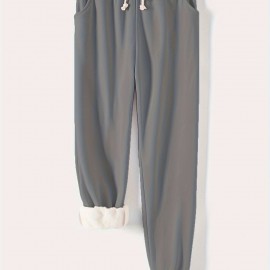 Solid Drawstring Thermal Sweatpants, Versatile Loose Comfy Jogger Pants, Women's Clothing