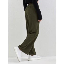 Solid Corduroy Straight Leg Pants, Casual High Waist Loose Pants With Pocket, Women's Clothing