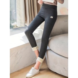 Solid Fleece High Waist Leggings, Casual Skinny Leggings For Fall & Winter, Women's Clothing