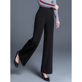 Solid High Waist Straight Leg Pants, Casual Draped Pocket Pants, Women's Clothing