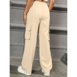 Straight Leg Cargo Pants, Y2K High Waist Solid Pants For Spring & Fall, Women's Clothing