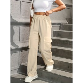 Straight Leg Cargo Pants, Y2K High Waist Solid Pants For Spring & Fall, Women's Clothing