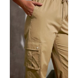 Y2K Solid Pockets Drawstring Cargo Pants, Casual Loose Baggy Pants For All Seasons, Women's Clothing
